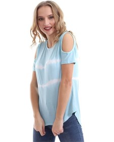 Resim Kadın Omuz Açık Bebek Mavi Batik T-Shirt 