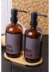 Resim 2'li Amber Cam Sıvı Sabunluk Seti Standlı Gri Etiketli 