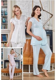 Resim Bone Club 4703 Mavi Hamile Lohusa 3 Lü Pijama Sabahlık Takımı 