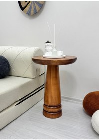 Resim ASELYA HOME Ahşap Tekli Mantar Yan Sehpa Modern 50cm Açık Ceviz Renk Fiskos Çiçeklik Orta Sehpa 