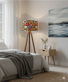 Resim Papatya Çiçekleri Desenli Masif Çam Ayaklı Kumaş Tripod Lambader Çok Renkli 