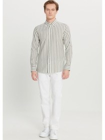 Resim Premıum Altınyıldız Erkek Hakı Beyaz %100 Pamuk Flanel Slim Fit Dar Kesim Düğmeli Yaka Çizgili Gömlek 