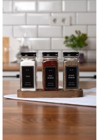 Resim Mienda Home 3'lü Ahşap Standlı Cam Baharatlık Seti Siyah Kapaklı Etiketli Baharatlık Mh01syh03 Siyah - Şeffaf 