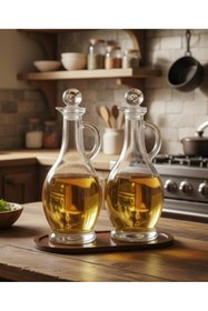 Resim Rembox Bambu Standlı Kulplu Yağdanlık Seti – 2’li 500 ml Orta boy Kristal Tıpalı (Koyu Renk Altlıklı 