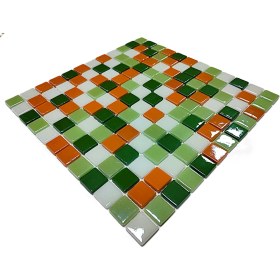 Resim MozaiKristaL Mutfak Tezgah Arası, Havuz, Banyo, Sauna, Spa - Tüm Ortam Yüzey ve Mekanlar İçin - 25 x 25 mm Yeşil-Beyaz-Turuncu Mix 31.5 x 31.5 cm Fileli Kristal Cam Mozaik 