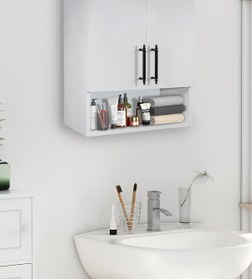 Resim Ahşap Modern 2 Kapaklı Beyaz Lavabo Üstü Raflı Banyo Dolabı Beyaz 