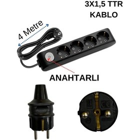Resim Avarson 4'lü Dörtlü Priz Topraklı Anahtarlı Kablolu Siyah 3x1,5 Ttr 4 Dört Metre 