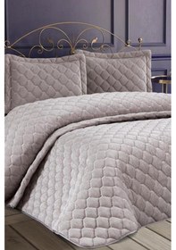 Resim Lima Kadife Dolgulu Çift Kişilik Yatak Örtüsü Gri Gri 