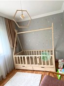 Resim Bir Başka Çocuk Kızılderili Çatılı 2 Çekmeceli Ön Korkuluklar Çıkabilen Montessori Yatak 