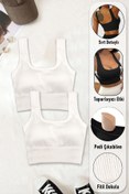 Resim SHİBA Kadın Crop 2'li Paket Beyaz Pedli Spor Sütyeni Yarım Atlet Büstiyer Bluz 