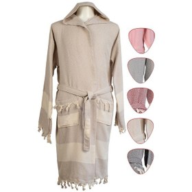 Resim Kapşonlu Peştemal Bornoz Krem Renk Krem 