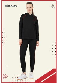 Resim Kadın Eşofman Takım Siyah Üst Tunik & Siyah Regular Fit Lycralı Tayt Dalgıç Kumaş Aktif Spor 3060 Siyah Kırmızı Şeritli 
