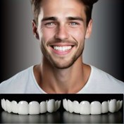 Resim Erkek ve kadınlar için uygun, rahat ve uyumlu üst ve alt diş protez seti, beyaz diş aksesuarları ile birlikte. Cadılar Bayramı, Noel, doğum günü partileri ve diğer etkinlikler için ideal, özgüven artırıcı ve güzel bir gülümseme sağlayan 