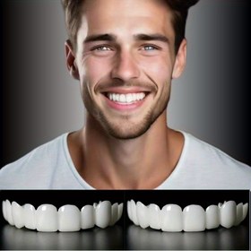 Resim Erkek ve kadınlar için uygun, rahat ve uyumlu üst ve alt diş protez seti, beyaz diş aksesuarları ile birlikte. Cadılar Bayramı, Noel, doğum günü partileri ve diğer etkinlikler için ideal, özgüven artırıcı ve güzel bir gülümseme sağlayan 