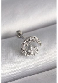 Resim 316l Çelik Gümüş Renk Zirkon Taşlı Ay Yıldız Tragus Piercing Çok Renkli 