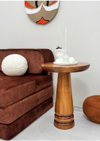 Resim ASELYA HOME Ahşap Tekli Mantar Yan Sehpa Modern 50cm Açık Ceviz Renk Fiskos Çiçeklik Orta Sehpa 