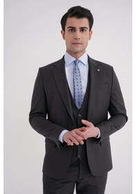 Resim Efor Slim Fit Çift Yırtmaç Çizgili Esnek Yünlü Antrasit Yelekli Klasik Takım Elbise Tk 935 Antrasit 