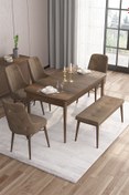 Resim Canisa Are Serisi 80x132 Mdf Açılabilir Barok Ahşap Desen Masa Takımı 4 Kahverengi Sandalye Ve 1 Bench 