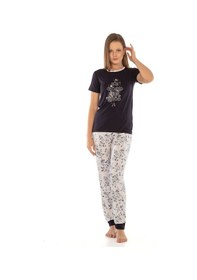 Resim Vishenka Kadın Alt Likrasız Üst Likralı Viskon Baskılı Pijama Takımı Lacivert 