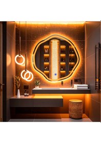 Resim Lys Amber Led'li Lazer Kumlamalı Lavabo & Banyo Aynası Dokunmatik Sensörlü 80 X 80 Turuncu 