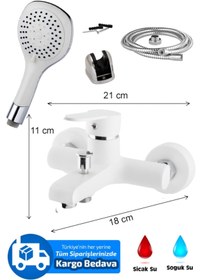 Resim BlackFit Pirinç Çift Su Çıkışlı Beyaz White Lüks Duş Banyo Bataryası Kare Duş Başlığı Hortum Mafsal 