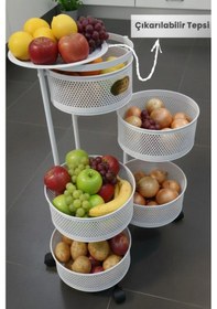 Resim 5 Katlı Tekerlekli Tepsili Metal Sebzelik Açılır Patates Soğan Meyvelik Sepeti Raf Beyaz Beyaz 