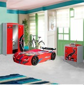 Resim Formula Çocuk Odası Takımı, Merso Arabalı Yatak, Dolap, Şifonyer Kırmızı 