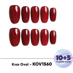 Resim 15'li Kırmızı Kısa Oval Kov1560 Tekrar Kullanılabilir El Yapımı Protez Takma Tırnak Xs 