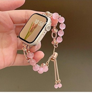 Qingmipy Watch 38/40/41mm İçin Pembe Altın Zincirli Kedi Gözü Taşlı Bileklik - Lüks Stili Kolunuza Taşıyın