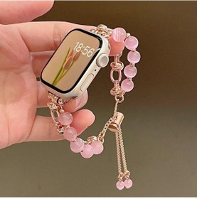 Resim Qingmipy Watch 38/40/41mm İçin Pembe Altın Zincirli Kedi Gözü Taşlı Bileklik - Lüks Stili Kolunuza Taşıyın 