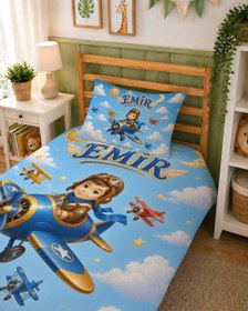 Resim Evmila Karikatüristik Pilot Çocuk Temalı Nevresim Takımı - 100x150 cm Nevresim ( Bebek Boy Özelleştirilmiş ) + 35x45 cm Yastık Kılıfı 