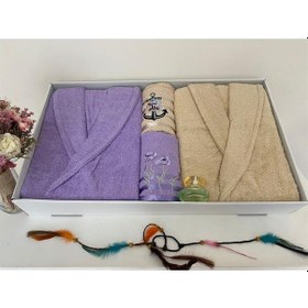 Resim Çeyizlik Aile Bornoz Seti 4 Parça Lila - Bej Çok Renkli 