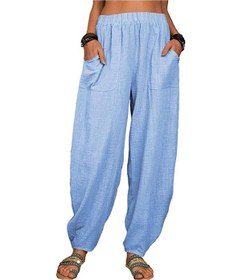 Resim Kadın Harem Pantolon Yaz Rahat Retro Büyük Beden Pamuk Ve Keten Pantolon Lastikli Bel Geniş Paça Pantolon Ev Pantolonu Açık Mavi 