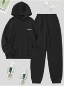 Resim CLAYES California Minimal Yazı Eşofman Takımı Sweatshirt Jogger - Siyah Baskılı Oversize Şardonlu Kapüşonlu 