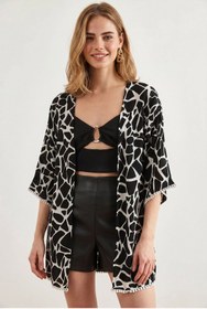 Resim Olalook Kadın Siyah Dokuma Viskon Desenli Kimono KMN-00000074 