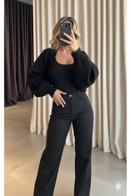 Resim MaxiMor Kadın Siyah Renk Triko Örgü Reglan Kol Bolero Hırka Standart SMLXL Uyumlu 4 Mevsim 
