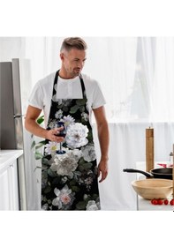 Resim Siyah Çiçek Tasarımlı Mutfak Önlüğü Keten Kumaş, Uluslararası Yıkama Ve Solmama Sertifikası Çok Renkli 