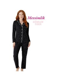 Resim Guava Kadın Slim Fit Gömlek Yaka Önden Düğmeli Dar Kalıp Mevsimlik Uzun Kol Pijama Takımı Siyah-beyaz 