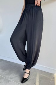 Resim Gülseli Kadın Bel Ve Paça Lastikli Şalvar Model Pantolon Siyah TZL-P-00021430 