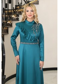 Resim Raika Moda Omuz Taş Baskı Şık Saten Ada Büyük Beden Tesettür Abiye Zümrüt 