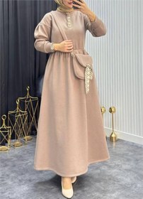 Resim Neşeli Butik kadın bej gold düğmeli çanta detaylı tam boy tesettür elbise NMS077 
