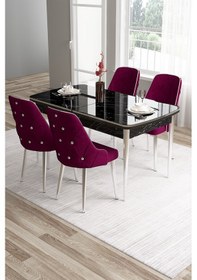 Resim Canisa Tia Serisi 80x132 Mdf Açılabilir Siyah Mermer Desen Krom Detay Masa Takımı Ve 4 Mürdüm Sandalye Masa Siyah Mermer Desen Sandalye Mürdüm 