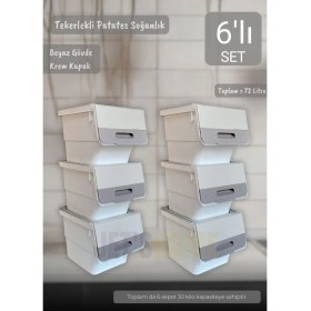 Resim Jet's Home 6'lı Krem Beyaz Tekerlekli Sebzelik Patates Soğan Sepeti Organizer Kutu Soğanlık Patateslik 72 L 