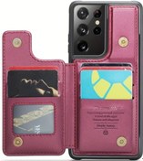 Resim Sunshine022 Galaxy Uyumlu S21 Ultra 5g Kılıf Cüzdan Kartlık Rfıd Bloklama Ayaklık Burgonya 