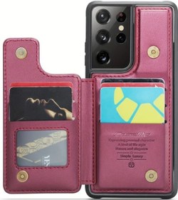 Resim Sunshine022 Galaxy Uyumlu S21 Ultra 5g Kılıf Cüzdan Kartlık Rfıd Bloklama Ayaklık Burgonya 