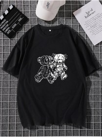 Resim Trendseninle Erkek Siyah T-shirt Çizgili Ayı Baskılı Oversize Tişört 