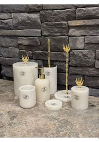 Resim Beyaz Mermer Gold Zeytin Dalı Aksesuarlı 7'li Banyo Seti Beyaz 