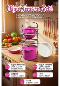 Resim Oyuncak Kutulu Standlı Tencere Seti - Gerçek Emaye Kaplama 7 Parça Pembe Evcilik Oyuncağı 