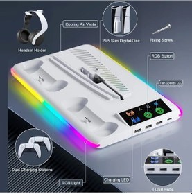 Resim Honeybeeshop Ps5 Slim Ve Pro Icin Beyaz Usb Led Rgb Soğutma Sarj Docku Kulaklik Tutucu 