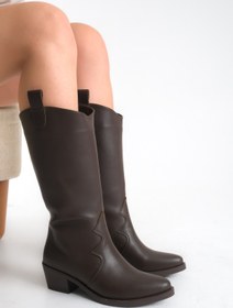 Resim Ayakkabı Delisiyim Kahverengi Deri Kadın Çizme Western Kovboy Diz Altı Kaymaz Taban Kalın Topuklu Cleo 